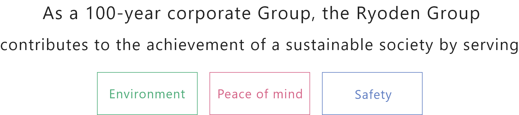 As a 100-year corporate Group, the Ryoden Group contributes to the achievement of a sustainable society by serving the environment, peace of mind and safety